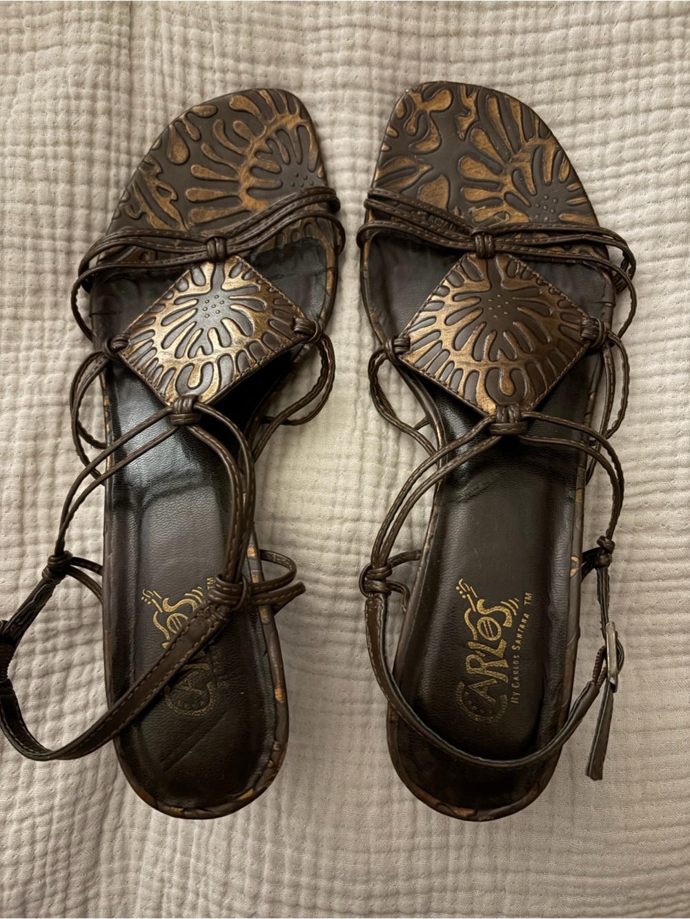 Carlos by Carlos Santana Brown Embossed Strappy Mambo Heeled Sandals - SZ 8.5